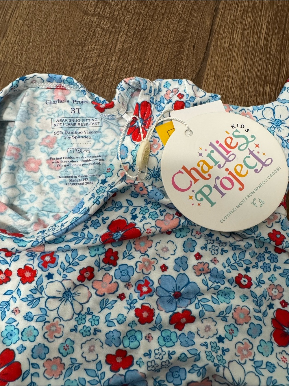 Charlie’s Project Kids Pajamas Set Girls 3 3T Bamboo Floral Red Blue Long Sleeve - Picture 3 of 7